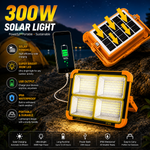 Solar LED Work Lights, 300W Rechargeable Portable USB Flood Light 4 Modes Security Job Site Lighting Waterproof 3000LM for Outdoor Camping Fishing Hiking Car Repairing Emergency