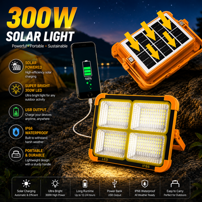Solar LED Work Lights, 300W Rechargeable Portable USB Flood Light 4 Modes Security Job Site Lighting Waterproof 3000LM for Outdoor Camping Fishing Hiking Car Repairing Emergency
