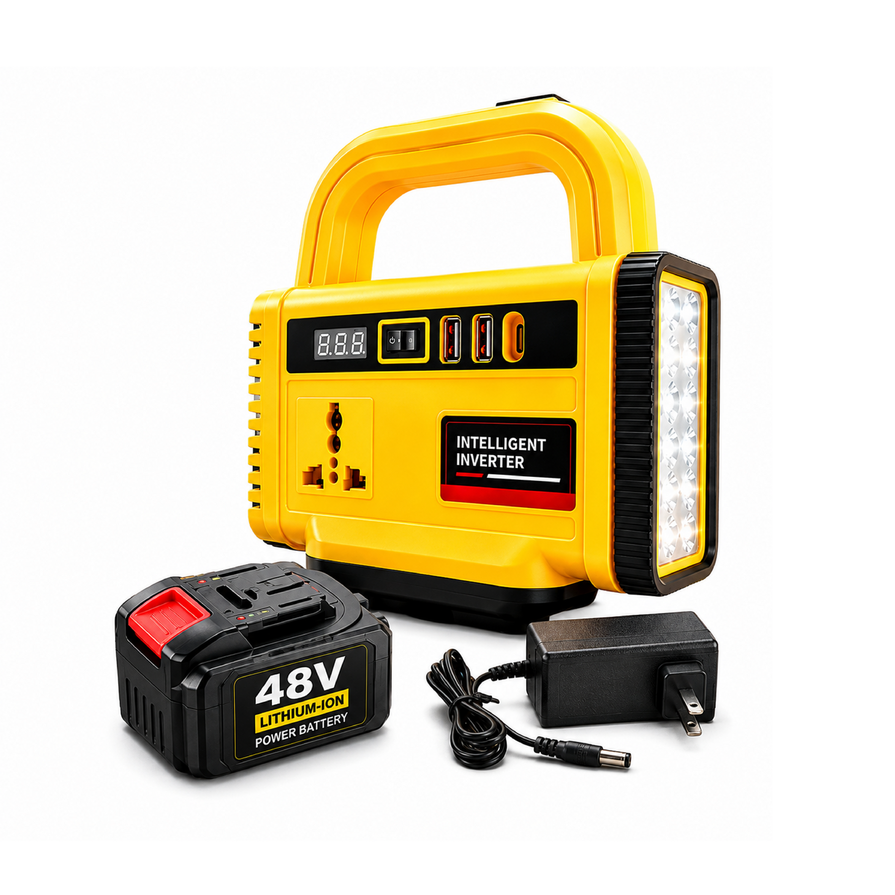 Yellow | 48V Portable Power Station with Battery & Charger – Intelligent Inverter & LED Light
