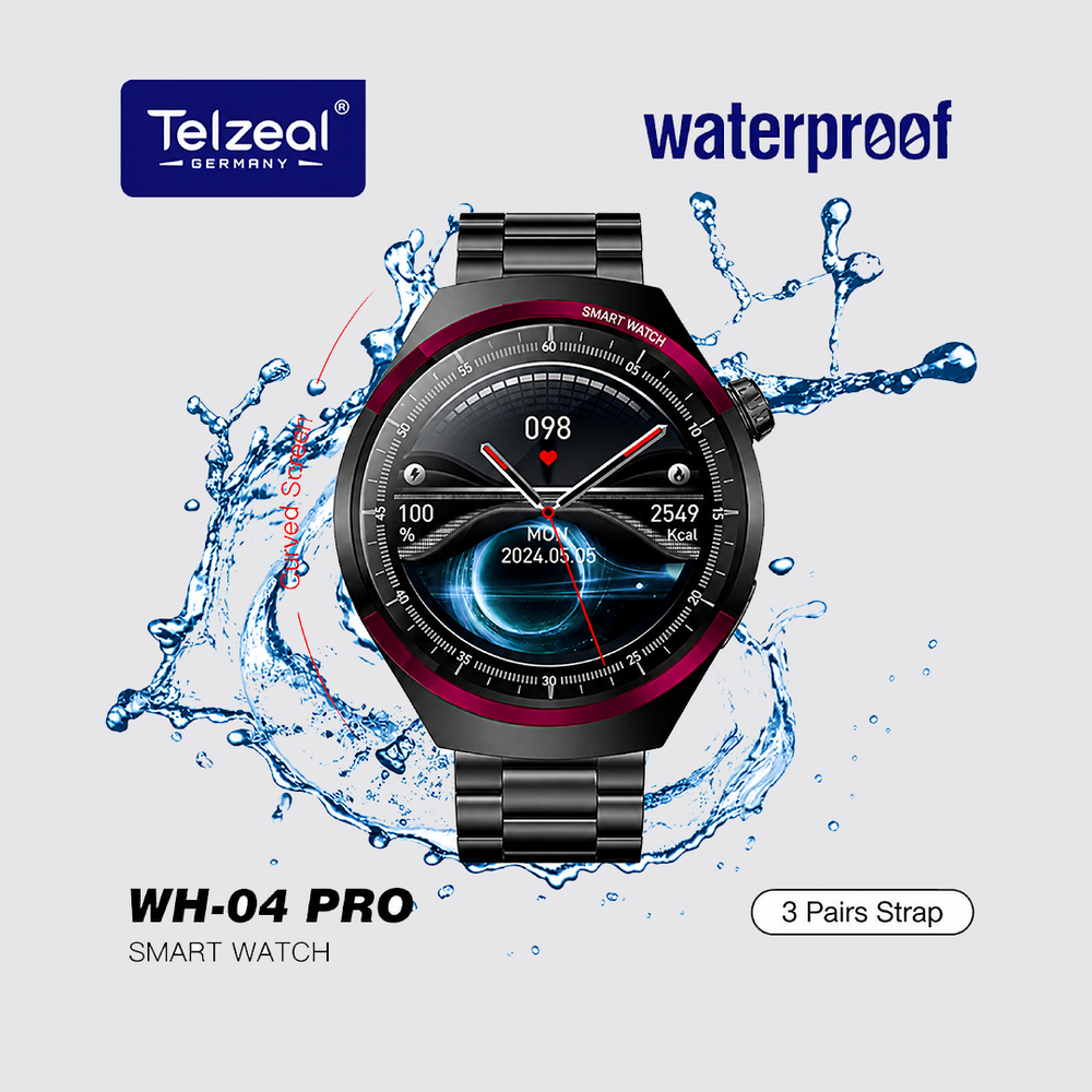 Telzeal WH 04 Pro Max Screen Waterproof Smartwatch With Curved Display 3 Pair Straps and Charging Cable Designed for Mens and Boys - Black