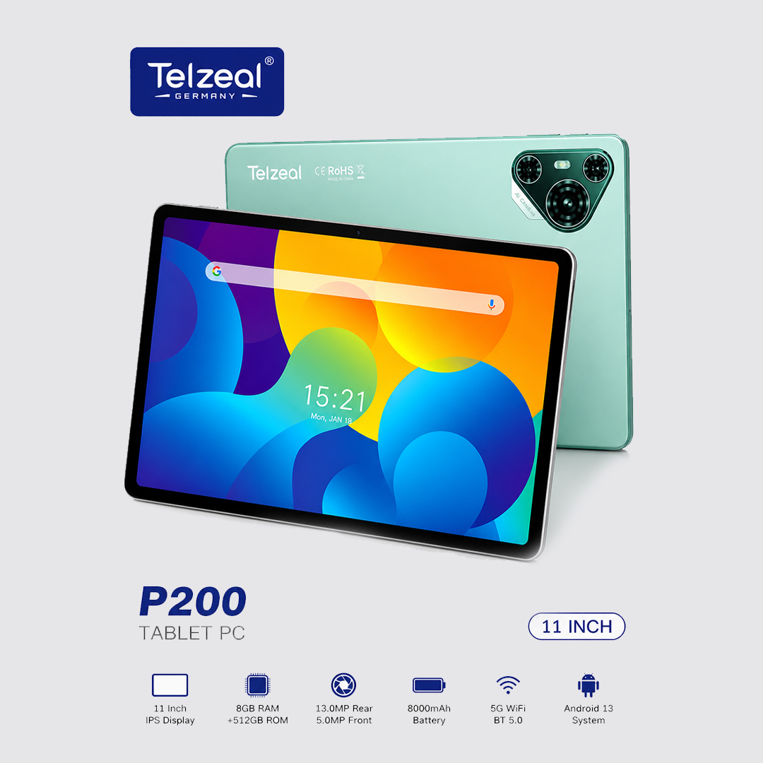 P200 11-Inch Android 13 Tablet | 12GB RAM + 512GB Storage | 10000mAh Battery | Dual SIM 4G LTE | Wireless Keyboard & Mouse Bundle | Slim Design for Study, Work & Entertainment – Green