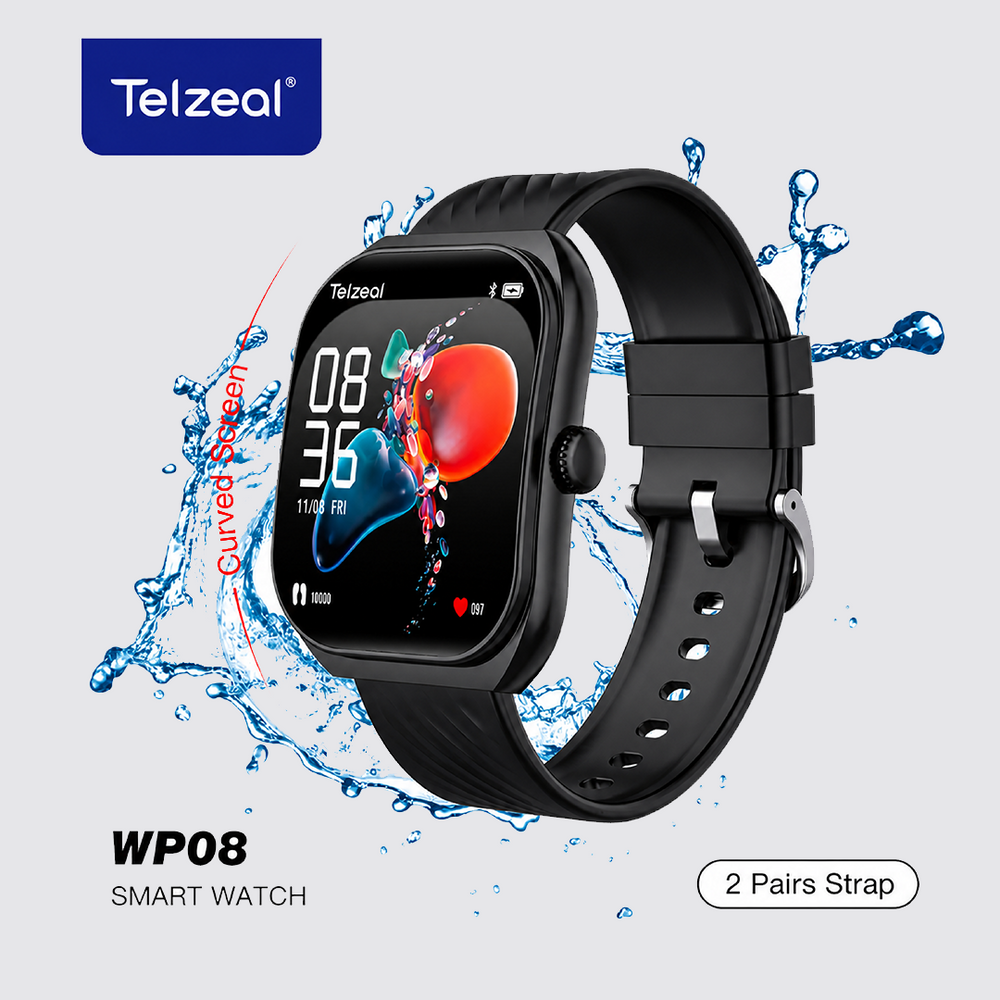 Telzeal WP08 Waterproof Smartwatch with Curved Full-Touch Display, Dual Strap Set (2 Pairs), Stylish & Comfortable Design – Black