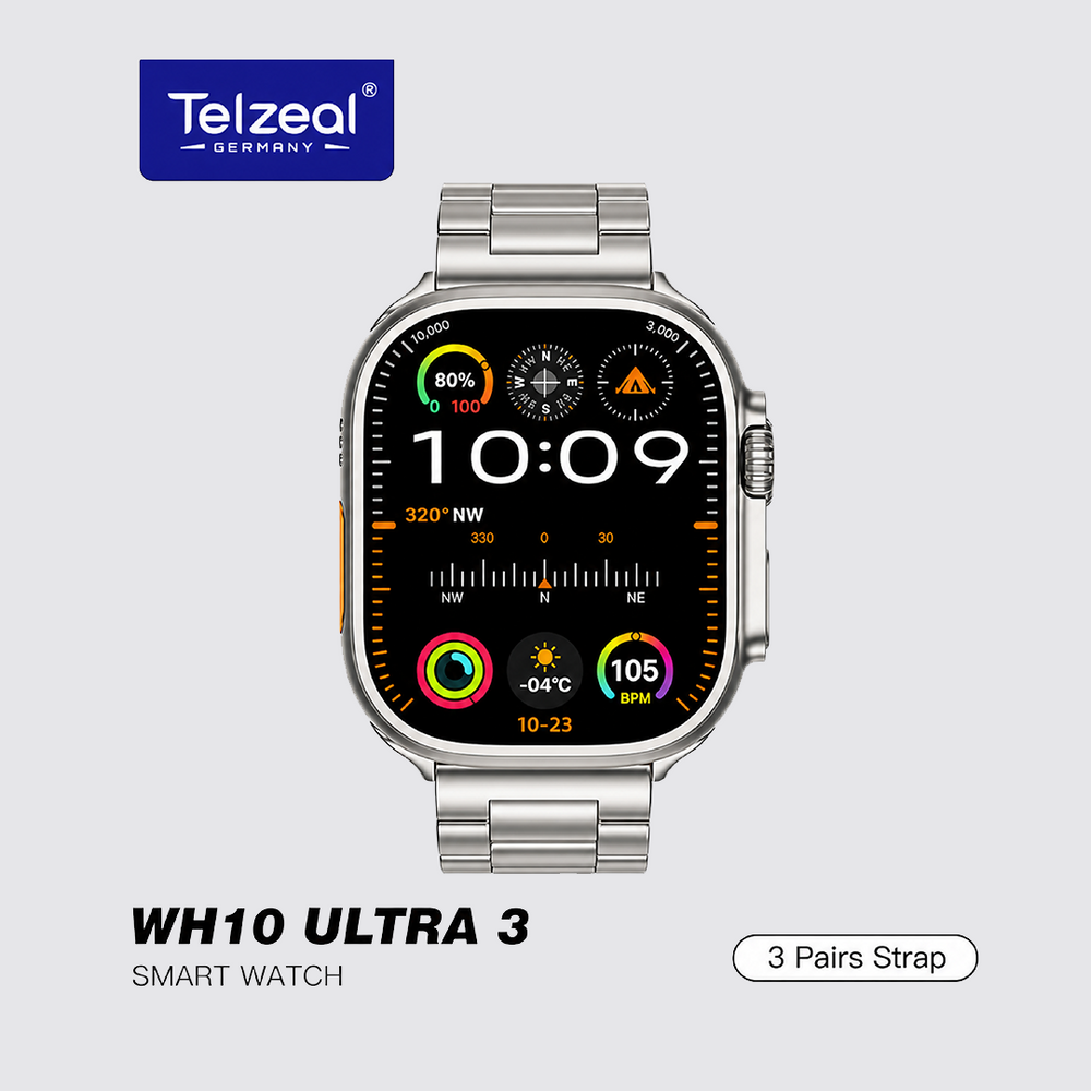 Telzeal WH10 Ultra 3 (3Pair strap/Wireless Charging) Smartwatch cutting-edge technology with sleek design & Ultimate Fitness & Style Companion- Brown
