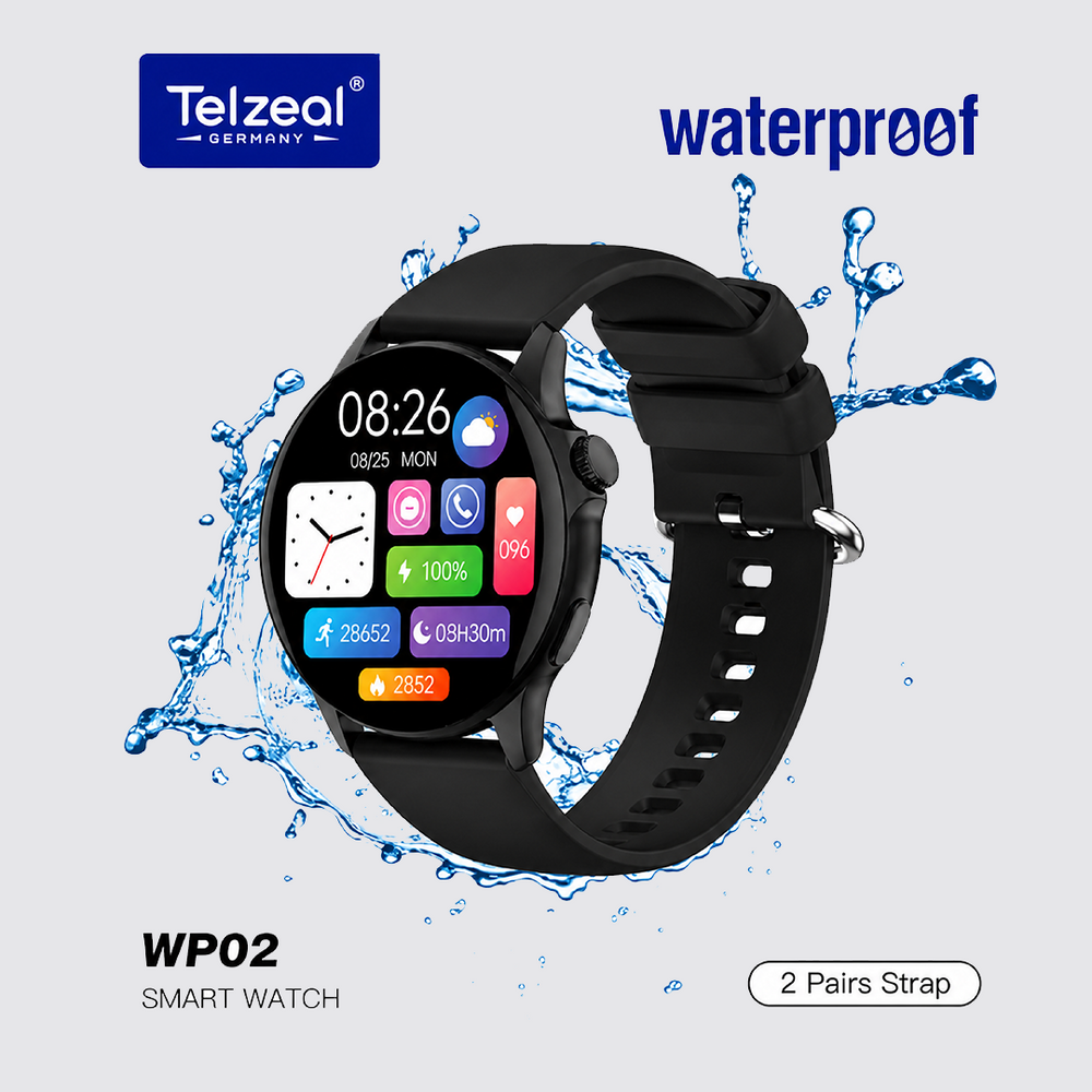 WP02 Waterproof Smartwatch – Fitness & Health Tracker | Heart Rate, Sleep, Multi-Sport, Call & App Notifications | Long Battery | IP68 Water Resistant