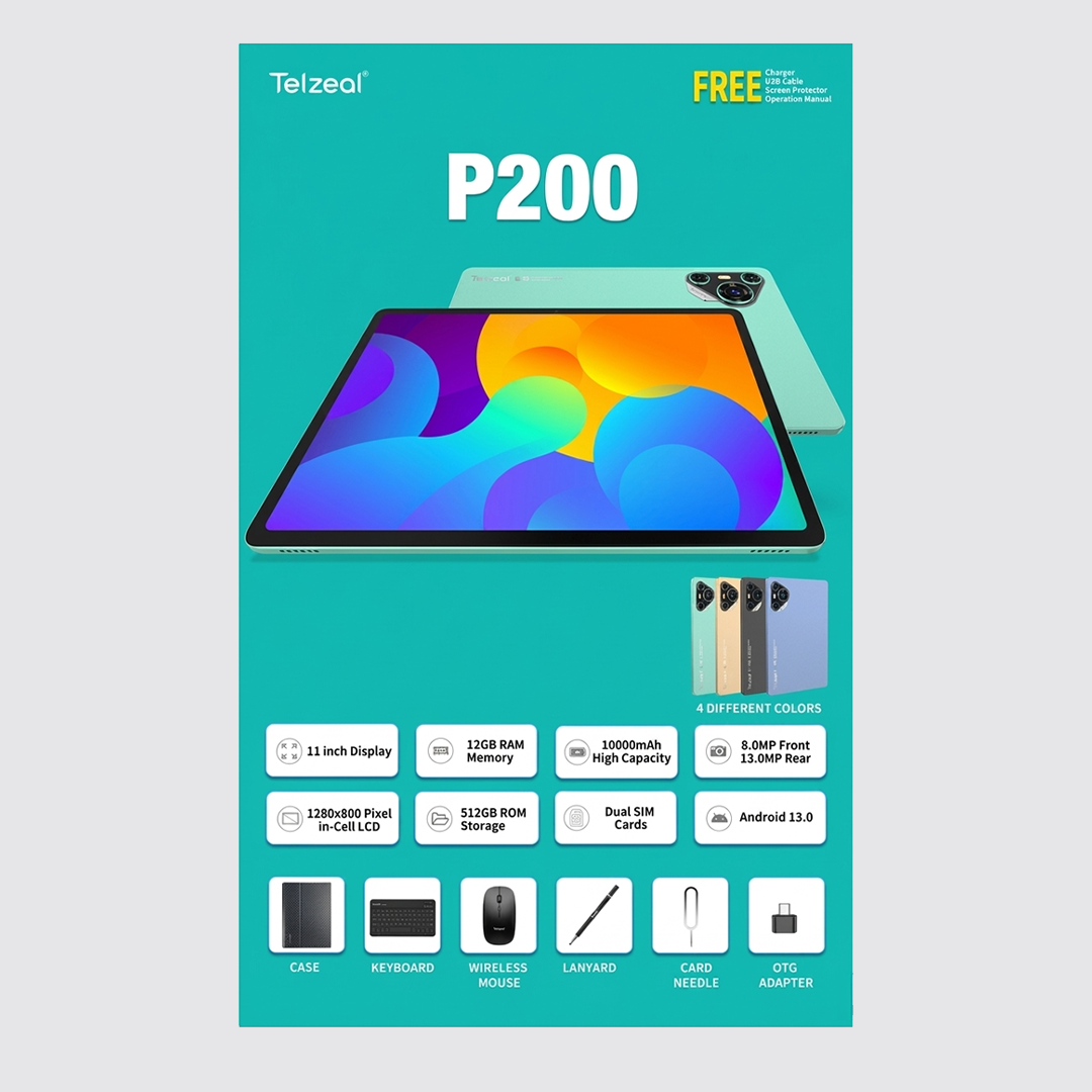 P200 11-Inch Android 13 Tablet | 12GB RAM + 512GB Storage | 10000mAh Battery | Dual SIM 4G LTE | Wireless Keyboard & Mouse Bundle | Slim Design for Study, Work & Entertainment – Green