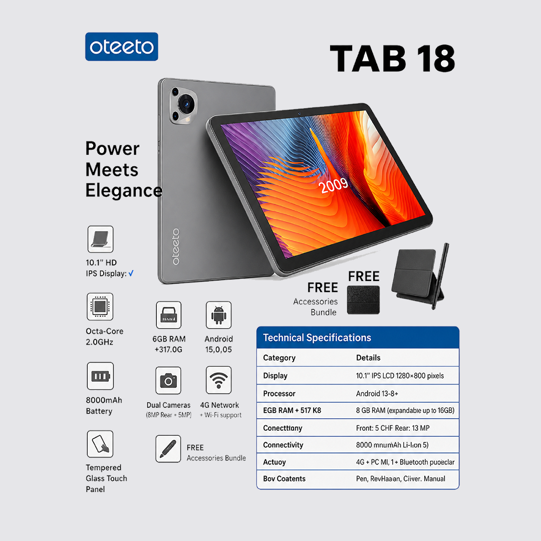 TAB 18 – 10.1-Inch HD Display | 8GB RAM + 128GB ROM | Android 15 | Octa-Core | 13MP + 8MP Camera | 8000mAh Battery | 4G LTE | Free Keyboard, Cover And Pen - Grey