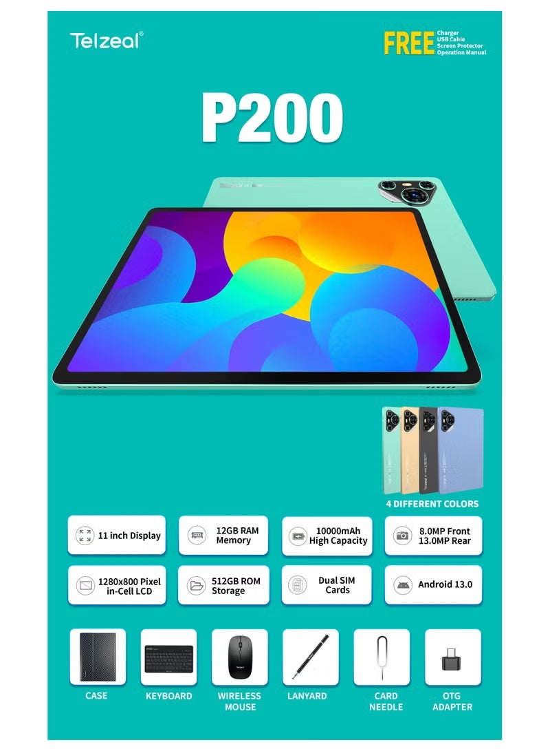 Telzeal P200 Tablet Green | 11-Inch In-Cell Display | 12GB RAM + 128GB ROM | 10,000mAh | Dual SIM | Android 13 | Leather Case, Wireless Keyboard & Mouse