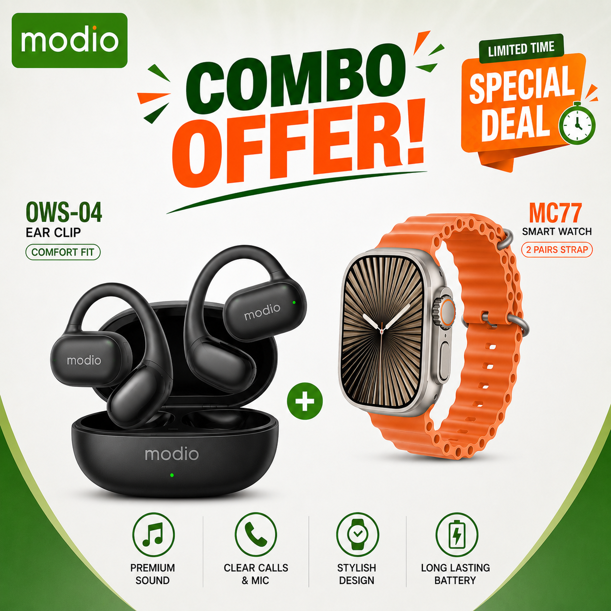 Combo Offer MODIO MC77 Smart Watch Ultra + MODIO OWS-04 Wireless Ear Clip Earbuds Combo | Bluetooth Calling, HD Display & Open-Ear Audio