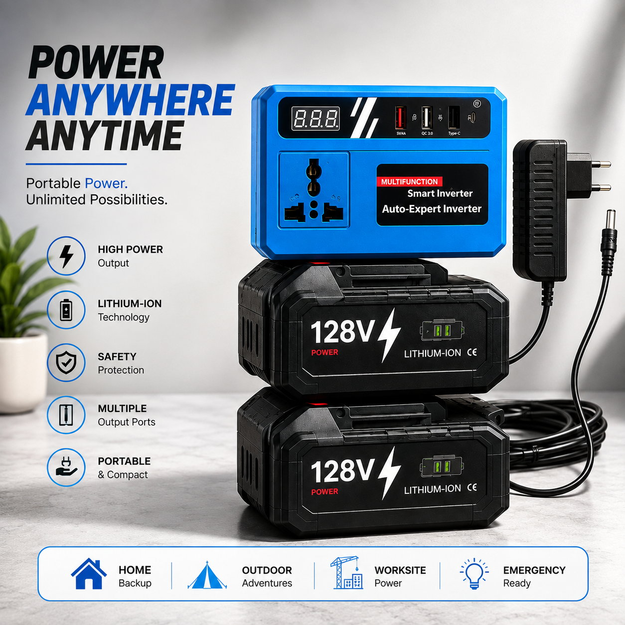 Cordless Power Station 128V – Portable Lithium-Ion Battery Inverter with USB, AC & Type-C Outputs (With 2 Battery)