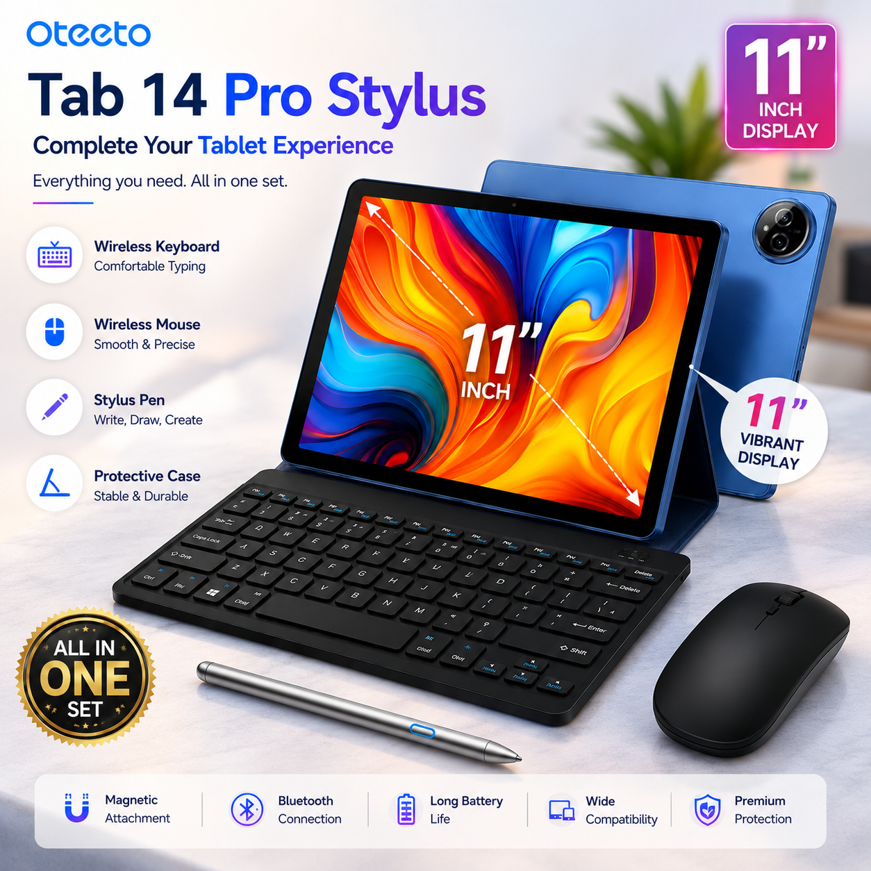 Oteeto TAB14 Pro | Android 15 & 11.0" INCELL 1280x800 Display | 12GB RAM + 512GB ROM | 5G Wi-Fi & 8000mAh Battery | 8.0MP Front + 13.0MP Rear Camera | Include Keyboard & Mouse
