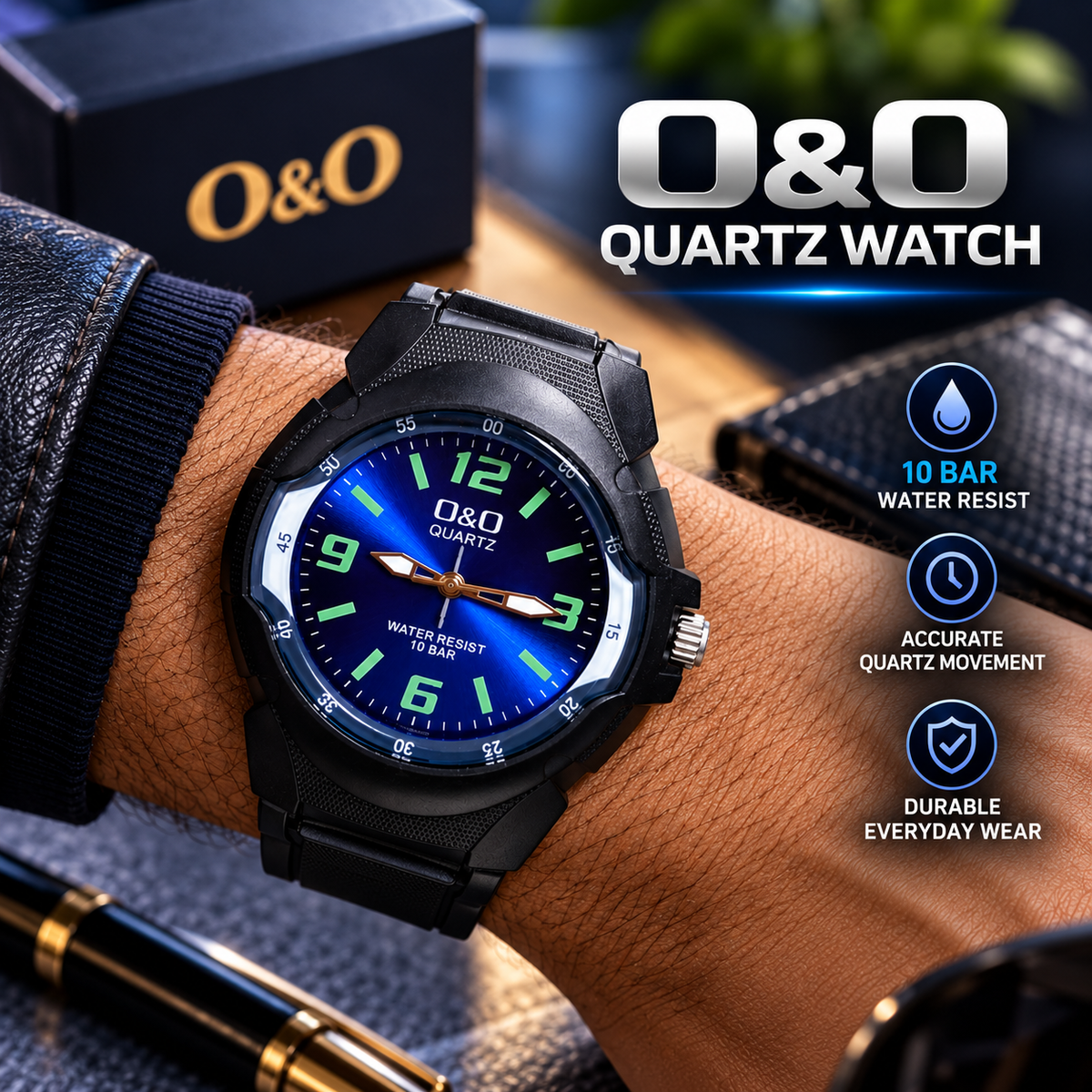 O&O Quartz Men's Analog Sports Watch – Water Resistant, Luminous Dial, Silicone Strap
