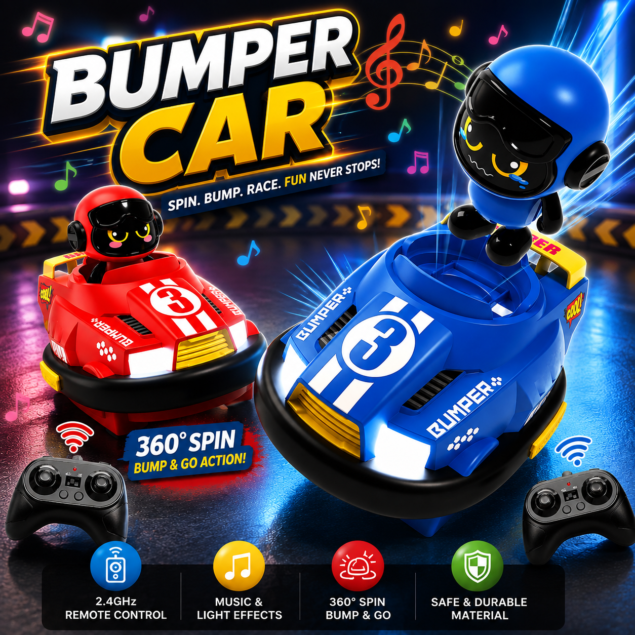 Remote Control Bumper Cars for Kids Toy – Hit & Bounce RC Battle Cars with Pop-Up Drivers, LED Lights & Music (2 Players)