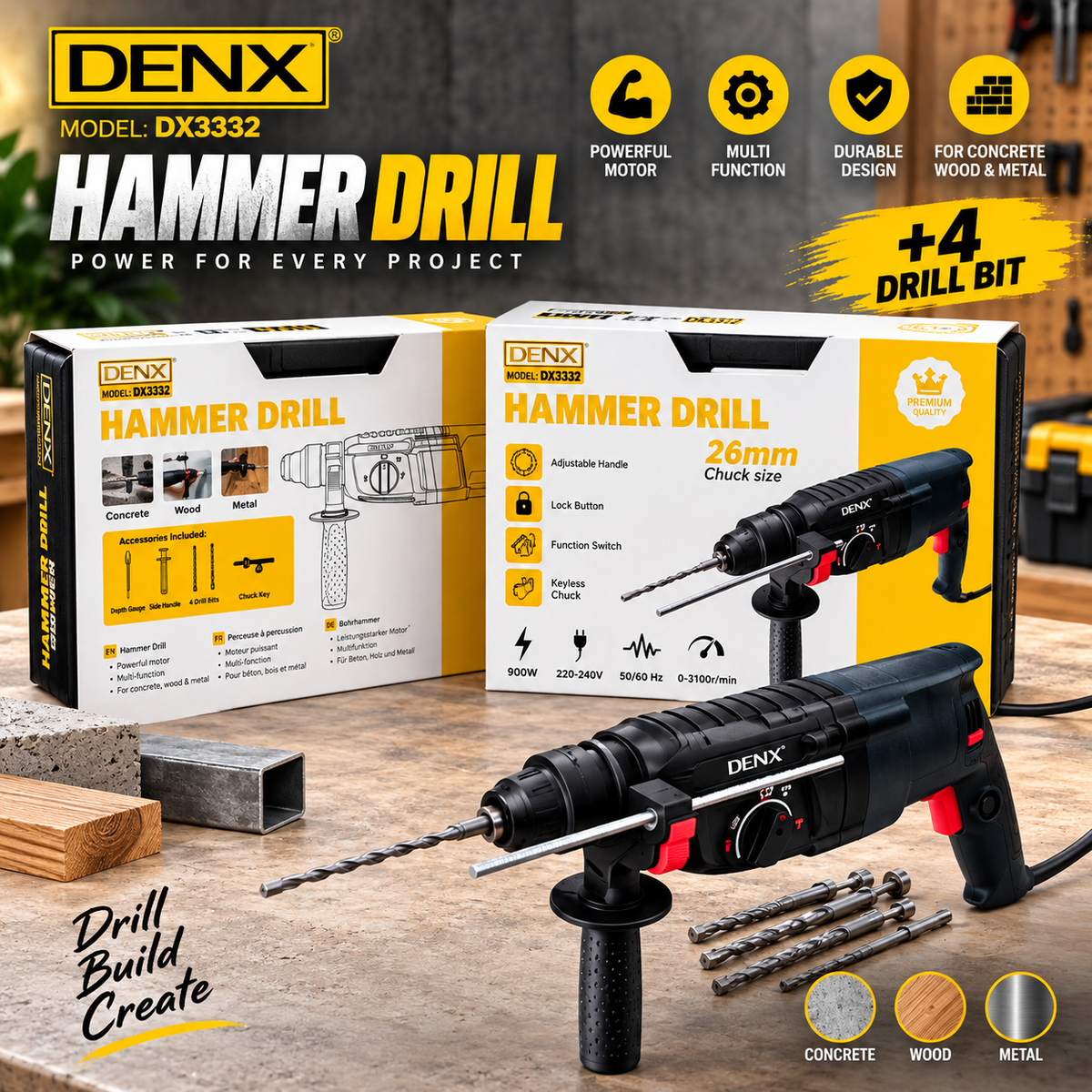 DENX DX3332 Hammer Drill 900W – 26mm Chuck Heavy-Duty Electric Drill | Drill designed for heavy-duty drilling tasks