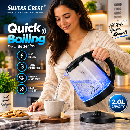 Silver Criest SC 168GK -Electric Glass Kettle, 2L, Blue LED, 1500W, Auto Shut-Off, Transparent, Fast Boiling for Tea & Coffee