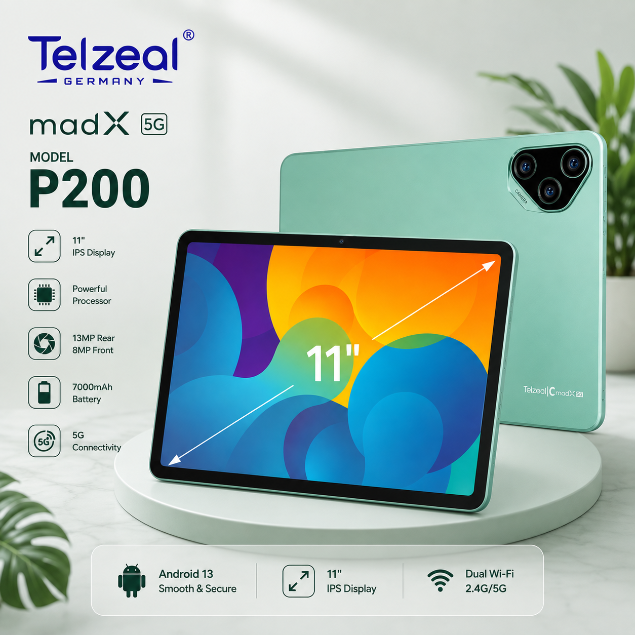 Telzeal P200 11-Inch Android 13 Tablet | 12GB RAM + 512GB Storage | 10000mAh Battery | Dual SIM 4G LTE | Wireless Keyboard & Mouse Bundle | Slim Design