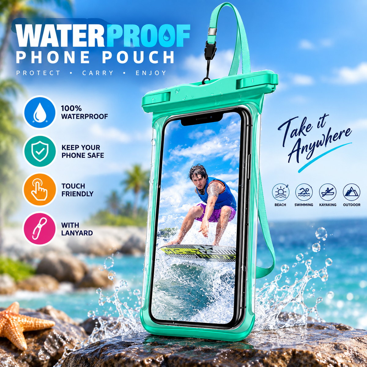 Waterproof Phone Pouch with Adjustable Lanyard – Touchscreen Dry Bag for Swimming, Beach & Travel