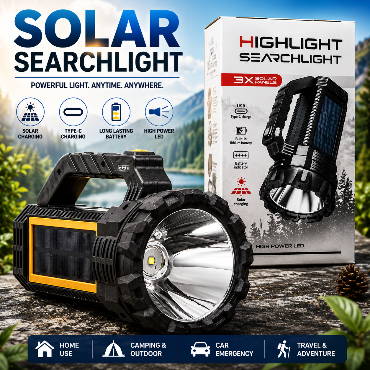 P70 Higlight Solar Searchlight – High Power LED Rechargeable Torch with Solar Charging W5191