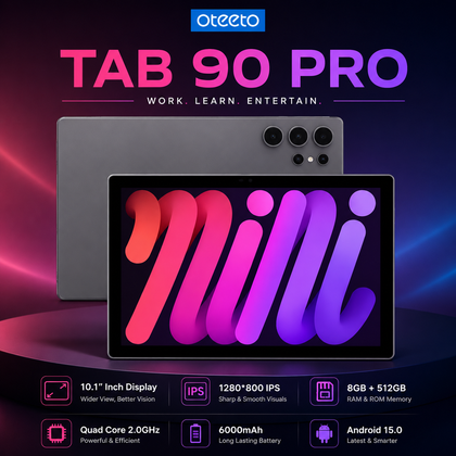 Oteeto Tab 90 Pro Android Tablet 10.1 Inch FHD IPS, 8GB RAM 512GB ROM, 6000mAh Battery, Dual SIM Calling, WiFi Tablet with Keyboard, Mouse, Case & Screen Protector