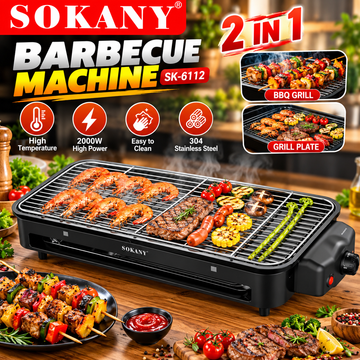 SOKANY SK-6112 2-in-1 Electric Barbecue Grill 1500W Non-Stick Indoor BBQ Grill with Removable Griddle Plate
