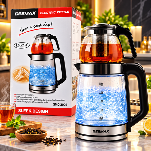 GEEMAX 2-in-1 Electric Glass Kettle,Clear, 2.5L Water Boiler with 1L Teapot, Tea Strainer, Fast Boil, Auto Shut-Off