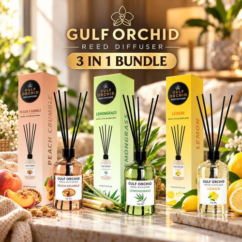 Gulf Orchid Reed Diffuser 3-in-1 Bundle – Peach Crumble, Lemongrass & Lemon, 110ml Each
