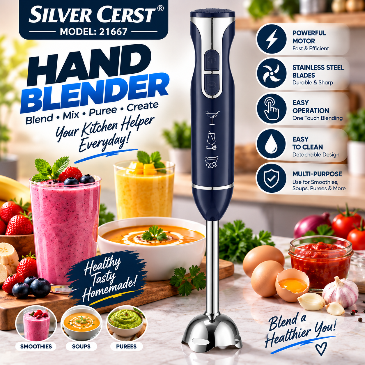 Silver Cerst 21667 Hand Blender – Stainless Steel Immersion Blender | Kitchen Gadgets Portable | Powerful Handheld Mixer Blender Stick for Shakes Soup Puree Meat Jams Garlic Tomato