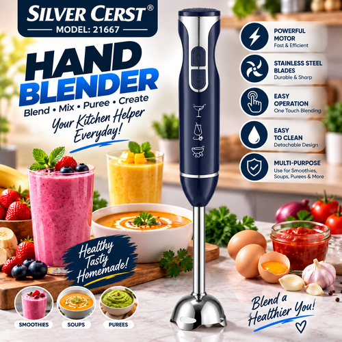 Silver Cerst 21667 Hand Blender – Stainless Steel Immersion Blender | Kitchen Gadgets Portable | Powerful Handheld Mixer Blender Stick for Shakes Soup Puree Meat Jams Garlic Tomato
