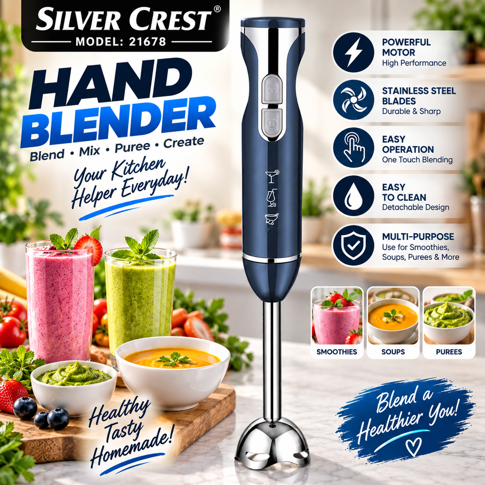 Silver Crest 21678 Hand Blender – Stainless Steel Immersion Blender | Kitchen Gadgets Portable | Powerful Handheld Mixer Blender Stick for Shakes Soup Puree Meat Jams Garlic Tomato