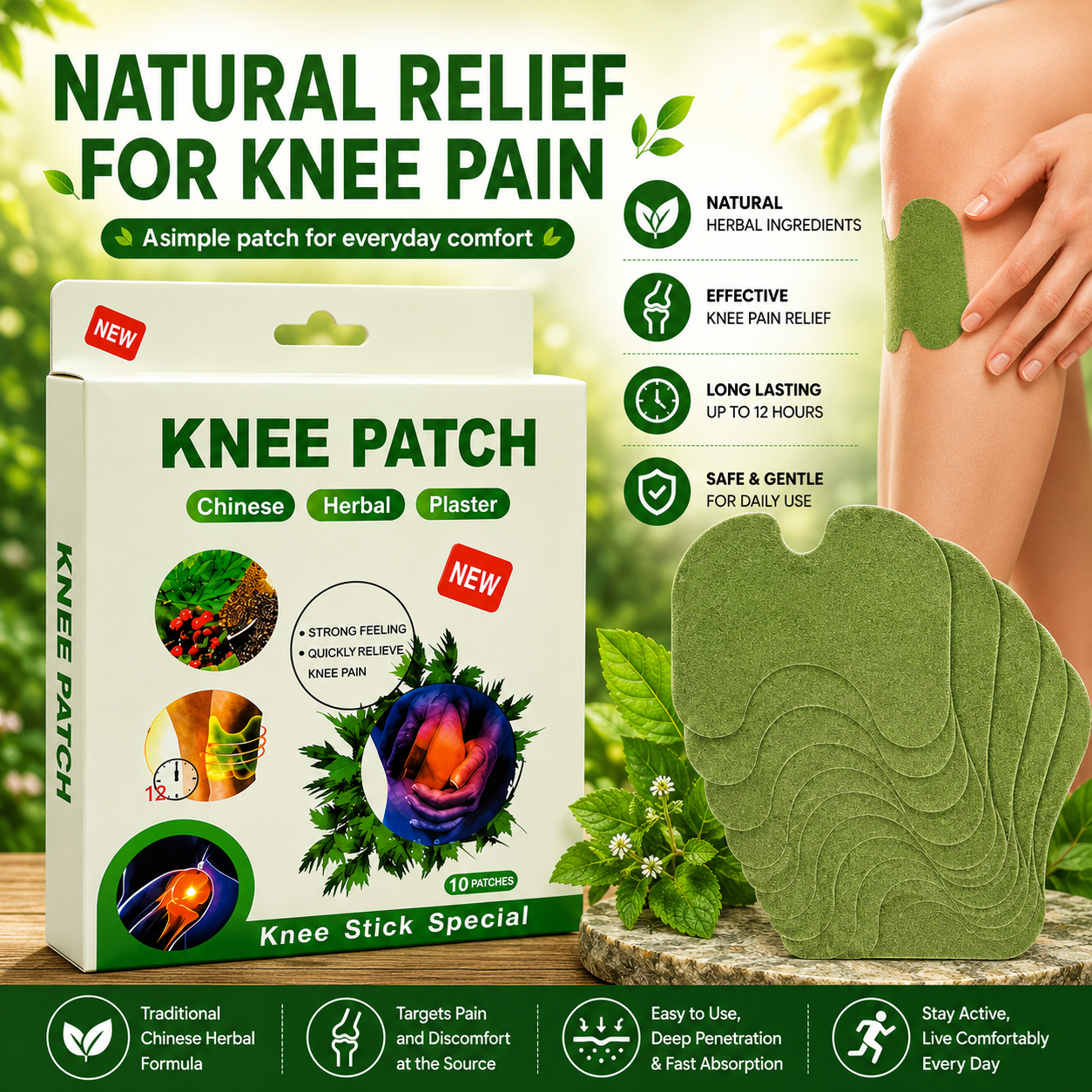 Chinese Herbal Knee Pain Relief Patch | Natural Knee Support Plaster | 12 Patches