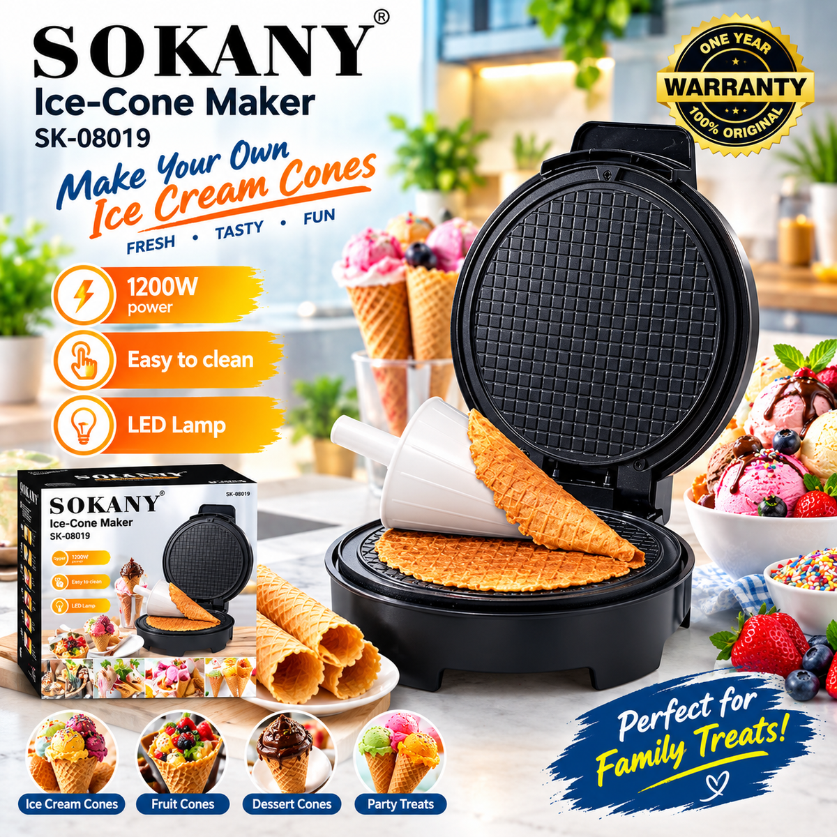SOKANY Ice Cone Maker 1200W – Non-Stick Waffle Cone Maker – SK-08019