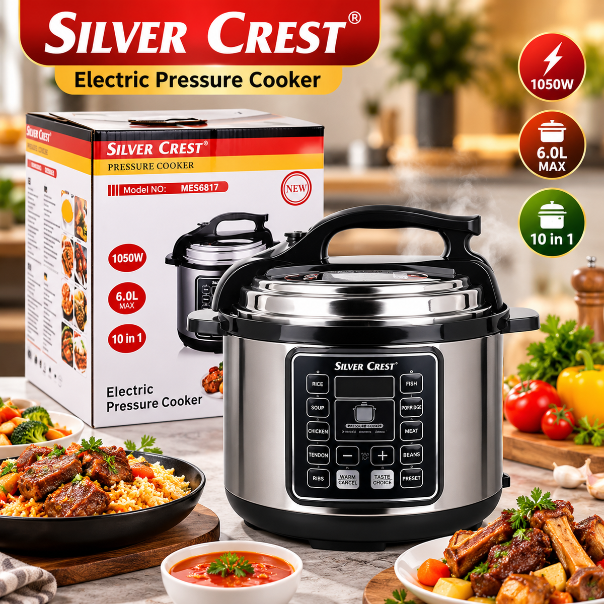 Silver Crest 6L Electric Pressure Cooker – 1050W Multifunctional Digital Programmable Cooker, Digital Controls, 10 Cooking Programs, Programmable Rice Cooker, Fast Cooking & Keep Warm Function