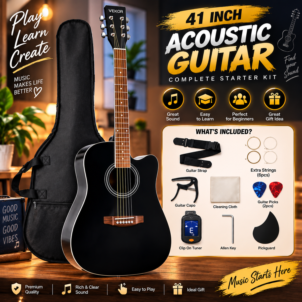 41 Inch Professional l Acoustic Guitar – Stylish Black Finish