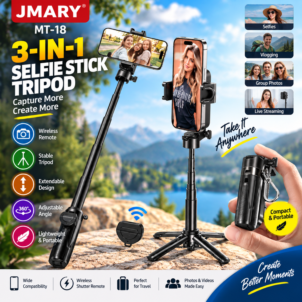 Jmary MT-18 Multifunctional Selfie Stick Tripod with Bluetooth Remote