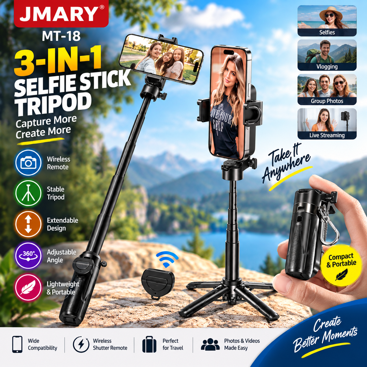 Jmary MT-18 Multifunctional Selfie Stick Tripod with Bluetooth Remote