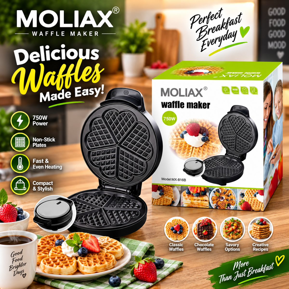 MOLIAX MX -816B | 750W Waffle Maker – Heart-Shaped Non-Stick Electric Waffle Machine