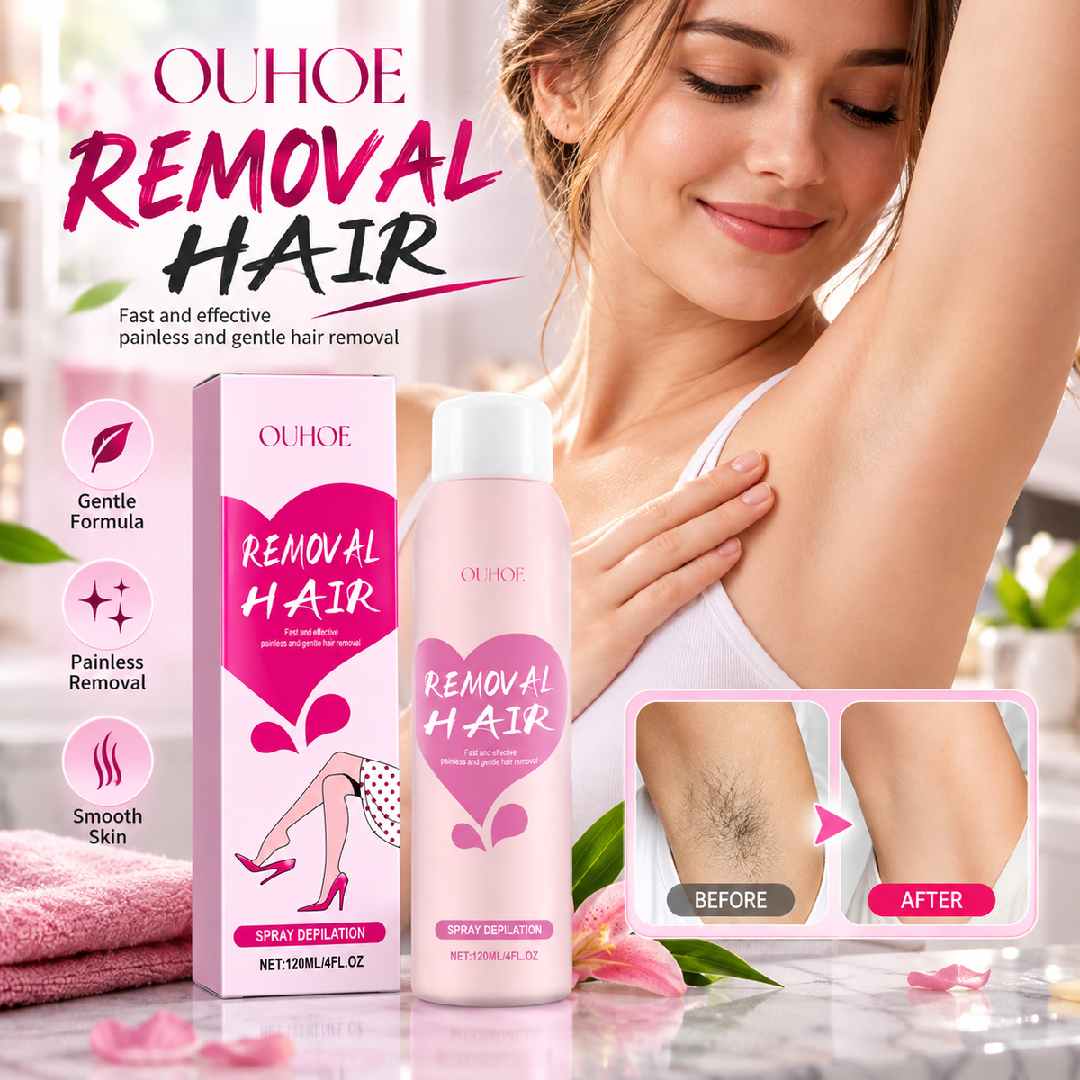 OUHOE  Hair Removal Spray 120ml, Fast and Efficient Gentle and Painless Hair Removal For Smooth Skin