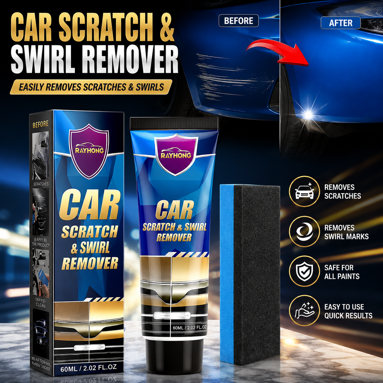 Rayhong RA-0103 Car Scratch & Swirl Remover Cream 60ml | Paint Scratch Repair Polish Kit with Sponge