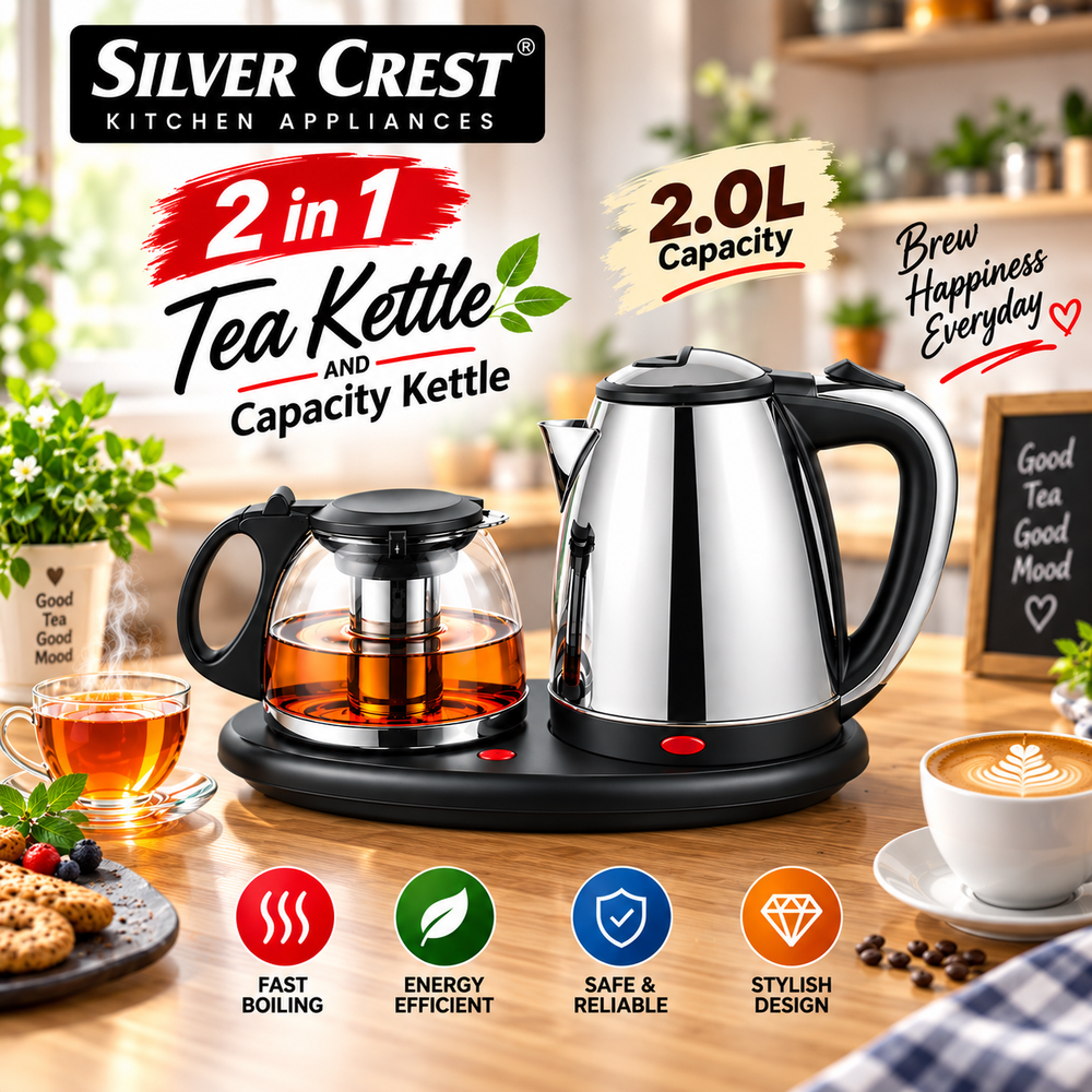 Silver Crest 2-in-1 Tea Kettle SC-266 – 2 Liter And Glass Teapot with Infuser and Tea Maker Tray, Auto Shut Off, Dry Protection