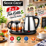Silver Crest 2-in-1 Tea Kettle SC-266 – 2 Liter And Glass Teapot with Infuser and Tea Maker Tray, Auto Shut Off, Dry Protection
