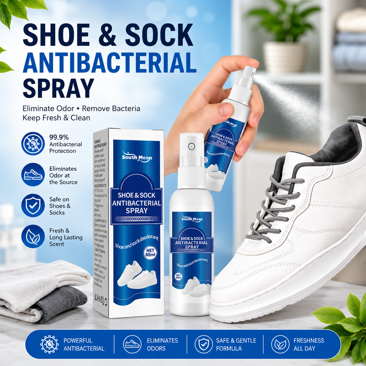South Moon Model S0072302031 Shoe & Sock Antibacterial Spray 60ml – Foot Odor Eliminator & Fresh Shoe Deodorizer |