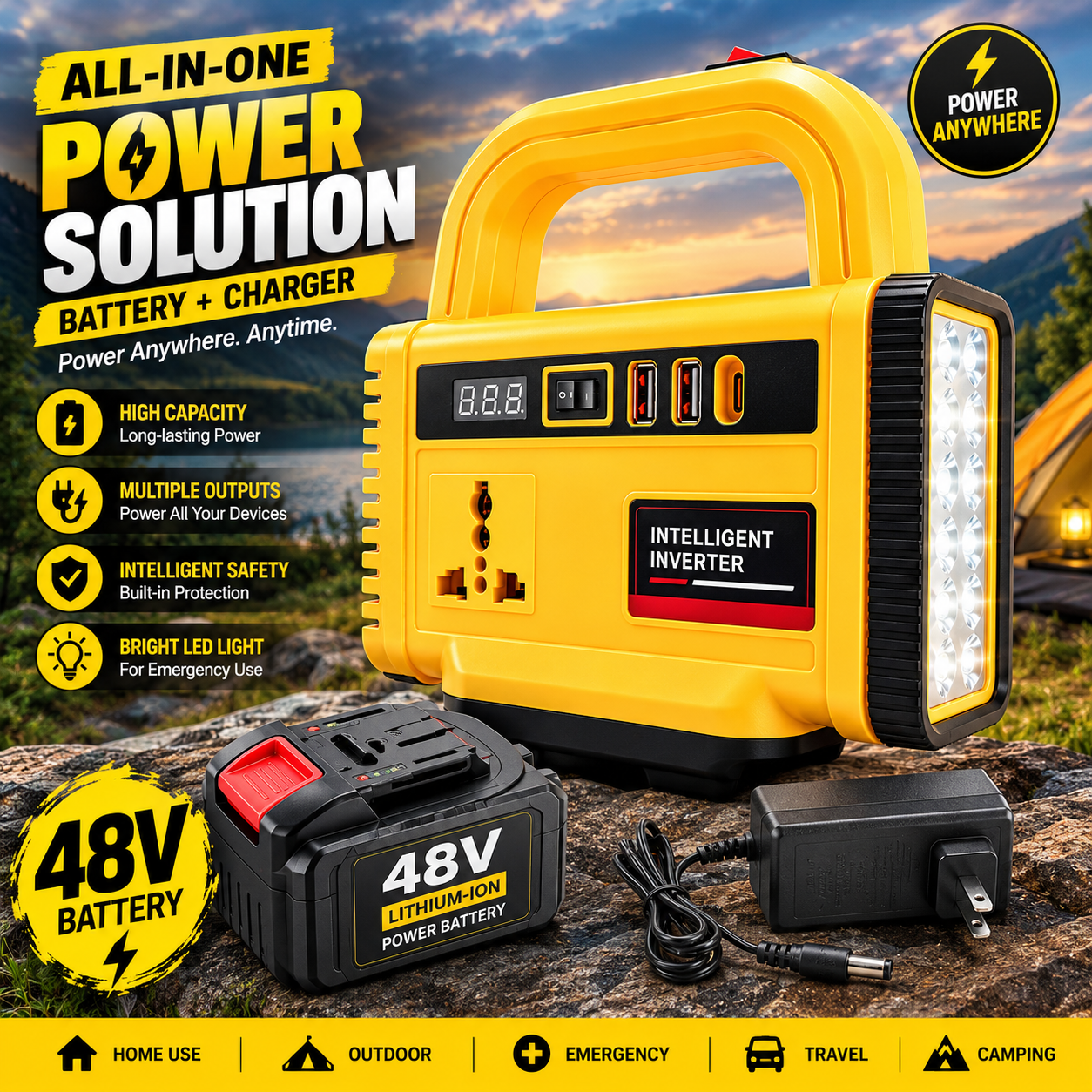 Yellow | 48V Portable Power Station with Battery & Charger – Intelligent Inverter & LED Light