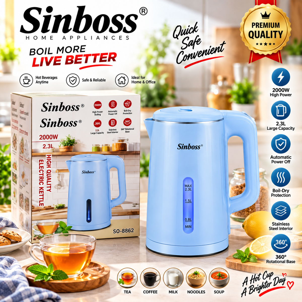 Sinboss SO-8862 High Quality Electric Kettle 2000W 2.3L Blue/Purple Rapid Boil Water Heater