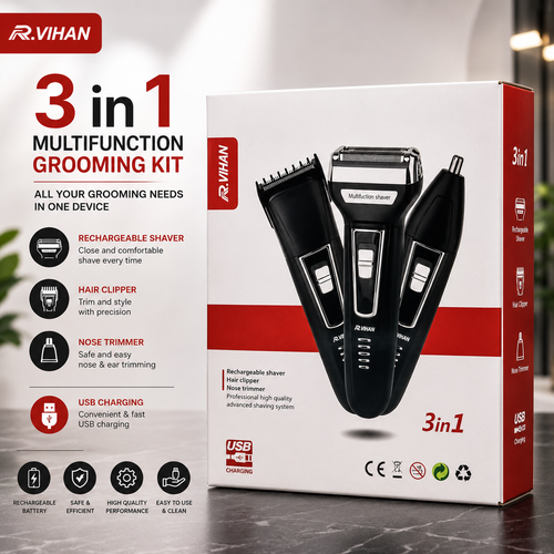 R VIHAN RV-6225 3-in-1 Rechargeable Electric Grooming Kit | Hair Clipper, Foil Shaver & Nose Trimmer