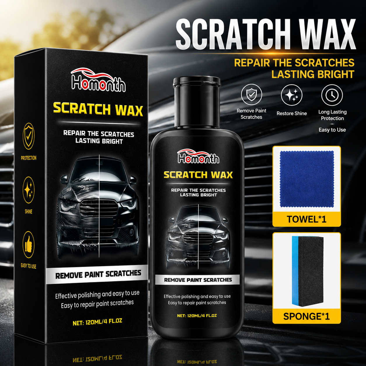 Homonth HME04 Car Scratch Repair Wax 120ml – Paint Scratch Remover & Polish Kit with Sponge & Microfiber Cloth | Restore Gloss & Shine
