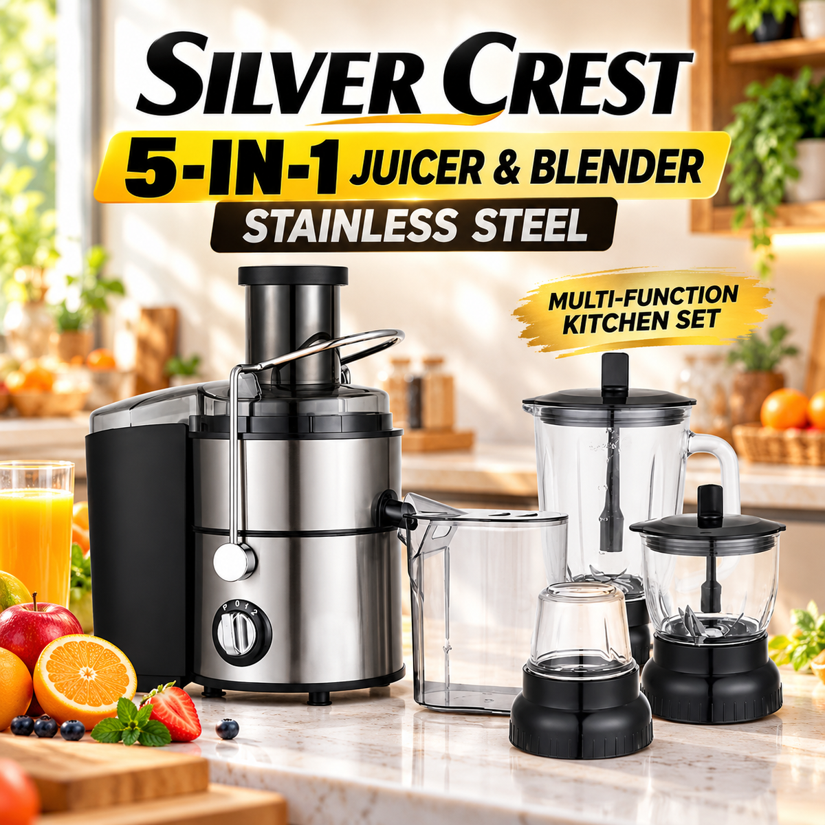 Silver Criest 5-in-1 Stainless Steel Juicer Extractor  SC777s | Blender Mixer Grinder Juicer Machine - Food Processor, Smoothie Maker, Portable Hand Blender, Mini Blender, Heavy Duty Kitchen Aid Mixer, Electric Juice Blender