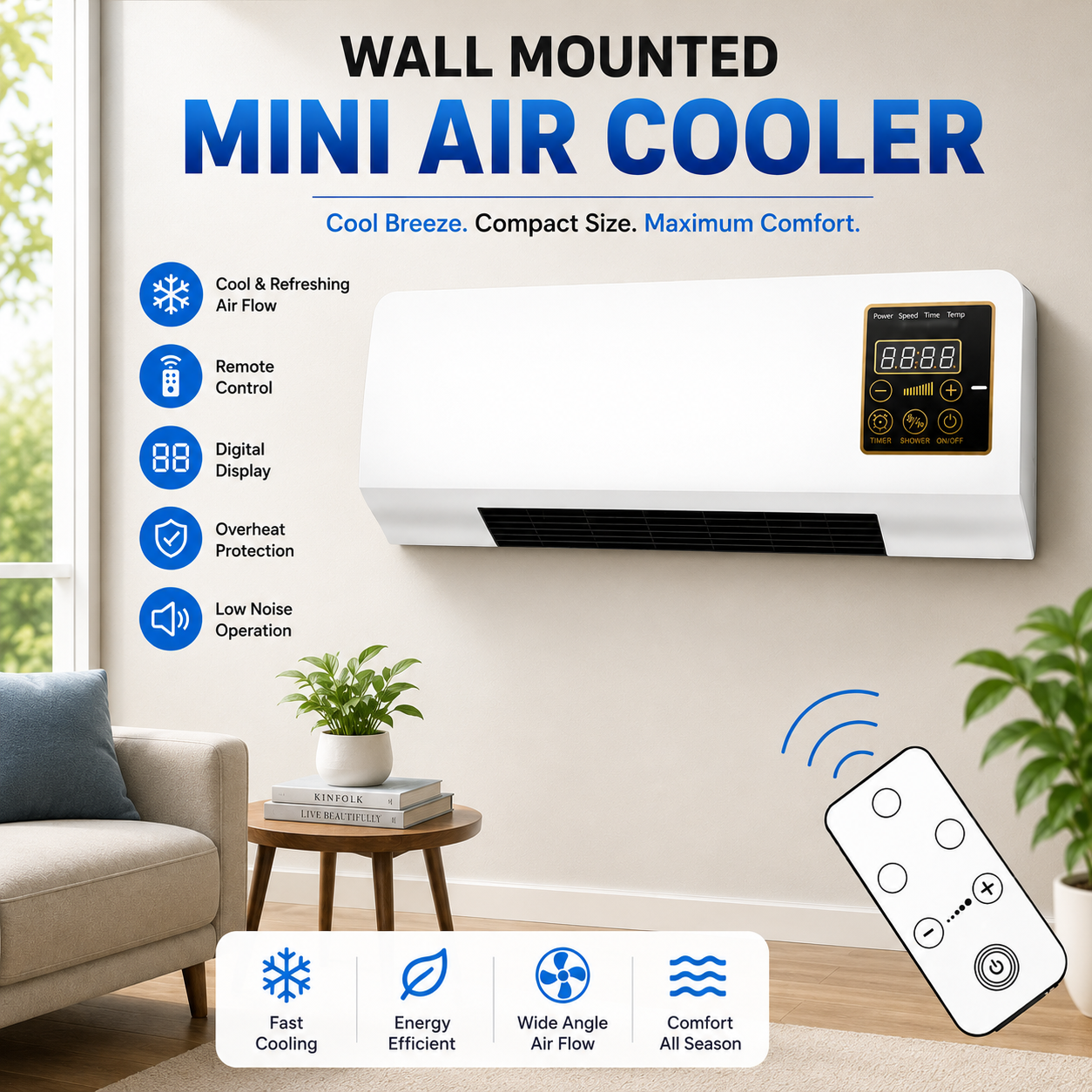 2 in 1 Wall Mounted Mini Air Cooler & Heater  with Remote Control | Fast Cooling & Digital Display