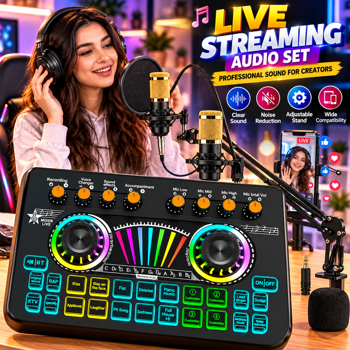 X3 Sound card With BM800 Complete Microphone Set – RGB Audio Mixer for Podcasting, Gaming, Recording & Live Streaming