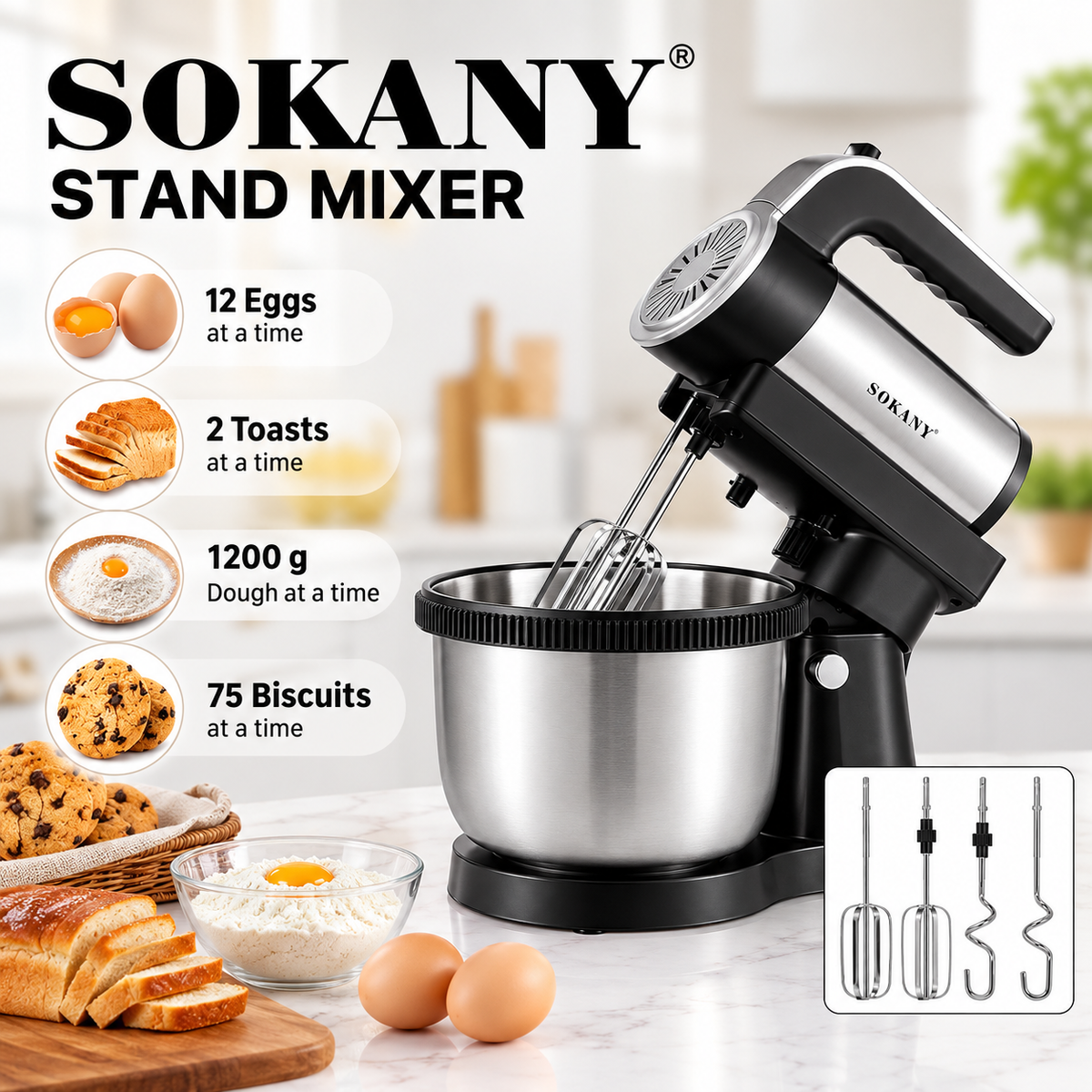 SOKANY SK-6662 Electric Stand Mixer 1000W - 5-Speed Tilt-Head Mixer with Stainless Steel Bowl, Dough Hook, Wire Whisk & Beater for Baking & Food Mixing