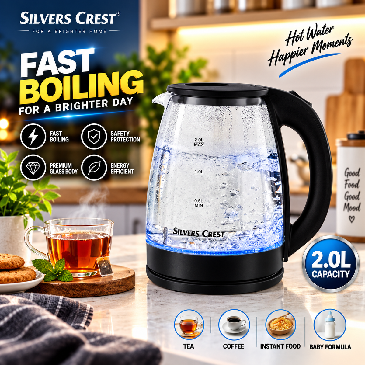Silver Criest SC 168GK -Electric Glass Kettle, 2L, Blue LED, 1500W, Auto Shut-Off, Transparent, Fast Boiling for Tea & Coffee