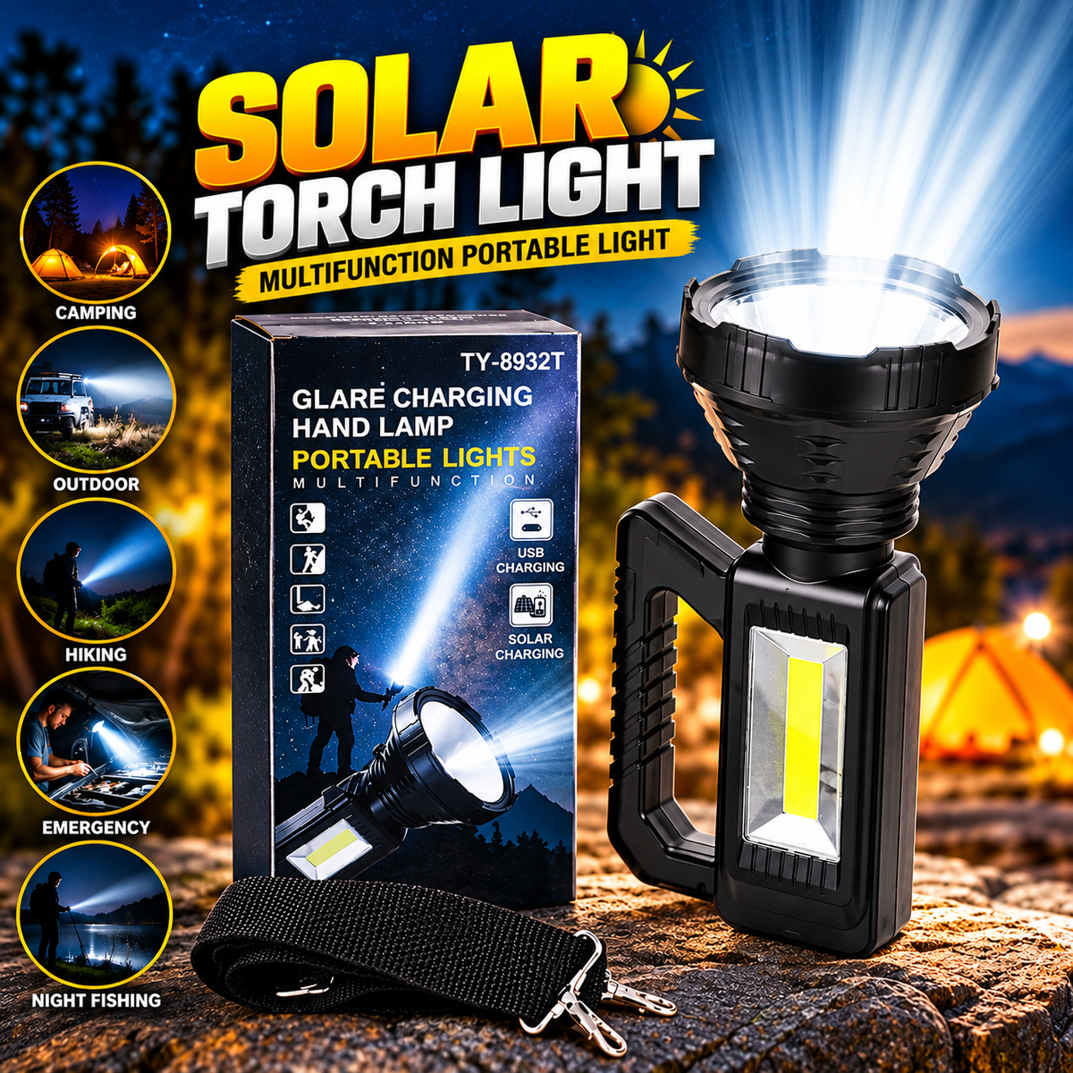 Solar Torch Light TY-8932T – Multifunctional Rechargeable LED Camping & Emergency Light